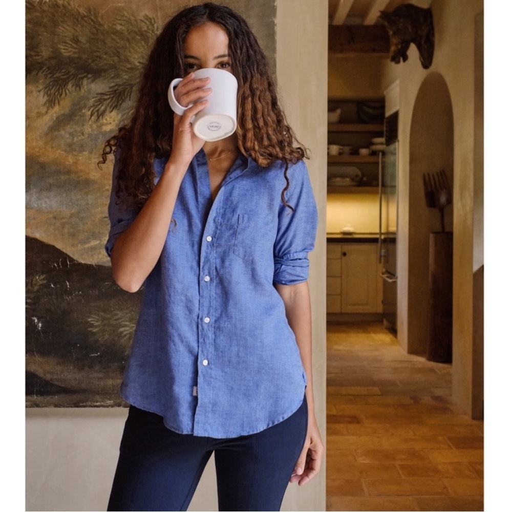 Classic Blue Linen Button-Up Shirt - Women's